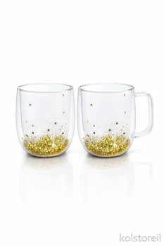 זוג כוסות דופן כפולה עם נצנץ זהב